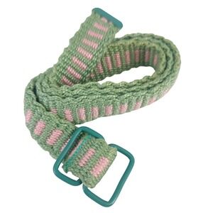 Vintage Kids Woven Belt Green Pink Striped Teal D-Ring Buckle Adjustable Strap